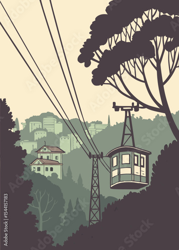 Vintage Style Illustration of a Cable Car Ascending a Mountain Surrounded by Lush Greenery and Distant Buildings Evoking a Sense of Travel and Adventure in