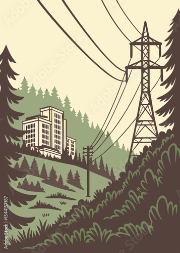 Vintage Style Illustration of a Power Plant and Transmission Tower in a Forested Landscape Depicting Energy Production and Distribution with a Retro Aesthetic and Natural