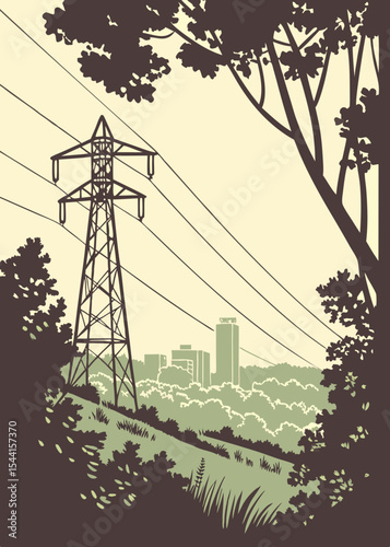Power Lines and Cityscape Illustration featuring an electrical transmission tower in a natural setting with trees grass and a distant city skyline in a vintage
