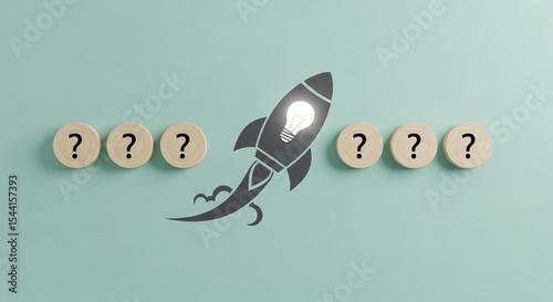 Rocket ship with lightbulb taking off between question marks on a light blue background design