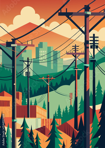Stylized Illustration of a Cityscape with Power Lines and Trees Featuring a Retro Color Palette and a Geometric Design evoking a sense of urban nature