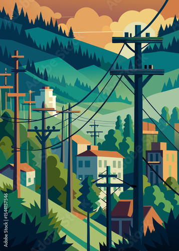 Stylized Landscape Illustration of a Town with Power Lines and Rolling Hills Featuring a Warm Color Palette and a Modern Geometric Design Aesthetic Creating a