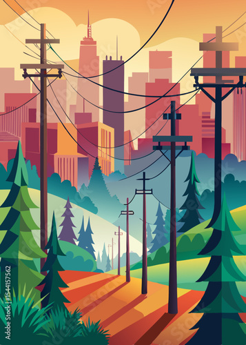 Stylized Cityscape with Trees and Power Lines a vibrant illustration showcasing a modern city skyline viewed through a forest of stylized trees and power lines