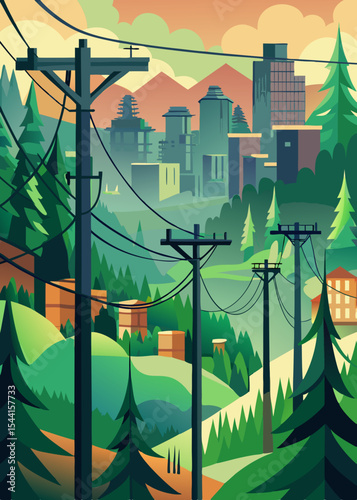 Stylized Cityscape with Power Lines and Trees Featuring a Modern Architectural Design with a Blend of Urban and Natural Elements in a Flat Vector Style