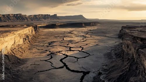 Dramatic landscape with cracked earth and mesa formations at sunset