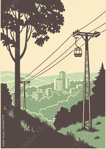 Retro Style Landscape with Gondola Lift and Cityscape featuring a vintage aesthetic and a scenic view of urban development amidst natural surroundings vector illustration
