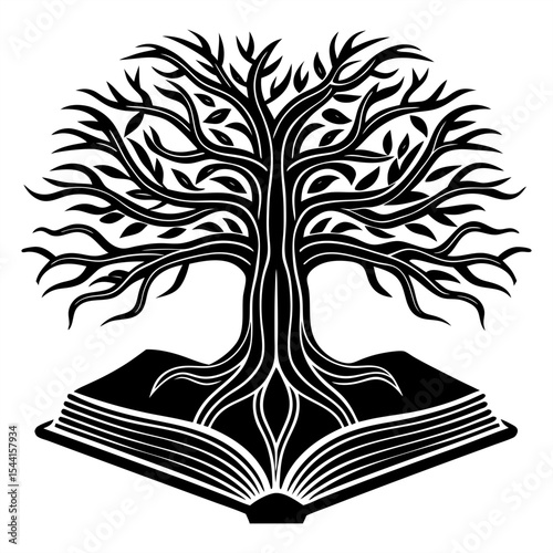 A powerful black and white silhouette depicting a gnarled tree with spreading roots and branches, growing from an open book. It symbolizes knowledge, wisdom, growth, and the enduring power of learning