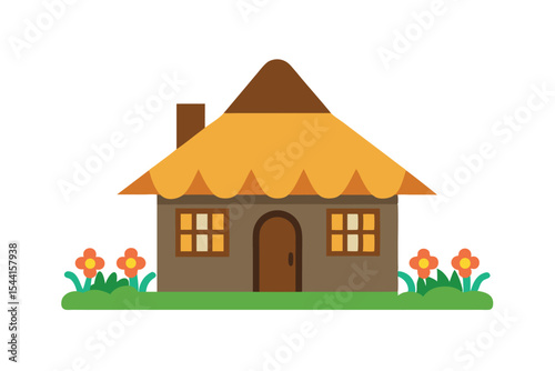 Charming Thatched Roof Cottage House Illustration