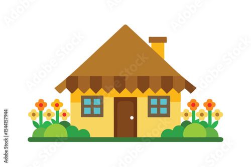 Charming Yellow Cottage with Flower Garden A Picturesque Home Illustration