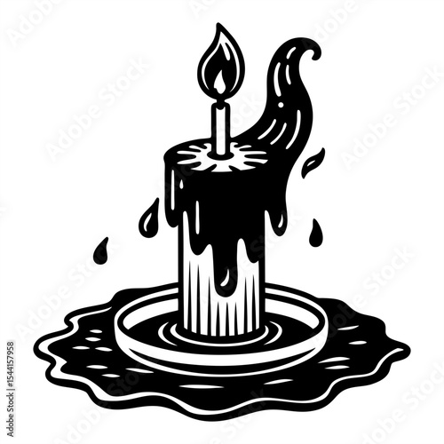 A stark black and white illustration of a burning candle with melted wax dripping onto a base. It symbolizes light, hope, time passing, and a sense of gothic or mystical atmosphere.