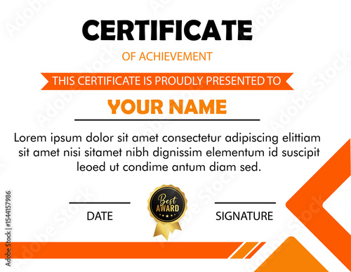 Certificate of achievement template with an orange design