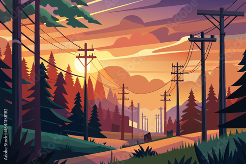 Vector illustration of a forest landscape at sunset with power lines and a road winding through the trees creating a peaceful and scenic view of