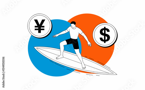 Surfer riding waves between yen and dollar currency symbols, conceptual illustration of navigating global financial markets
