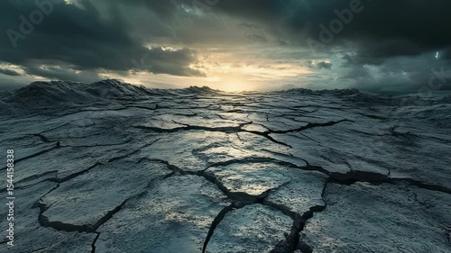 Dramatic cracked earth landscape with stormy sky at sunset
