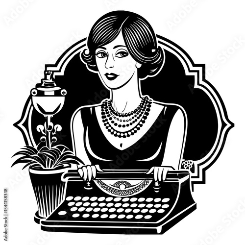 A stylish black and white illustration of a vintage-era woman operating a typewriter, adorned with pearls and accompanied by a potted plant and lamp. It evokes themes of writing, classic literature