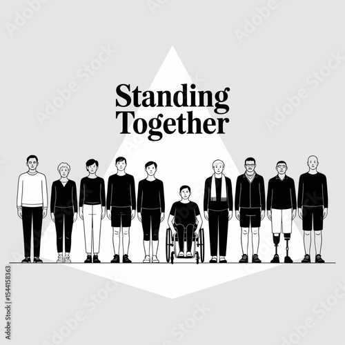 Inclusive black and white illustration of diverse people standing together, including individuals with disabilities, different ethnicities, and genders, symbolizing unity and equality
