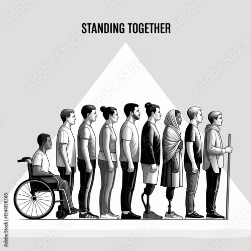 Inclusive black and white illustration of diverse people standing together, including individuals with disabilities, different ethnicities, and genders, symbolizing unity and equality
