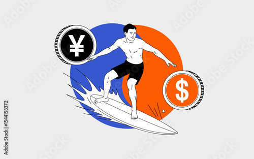 Surfer riding waves between yen and dollar currency symbols, conceptual illustration of navigating global financial markets
