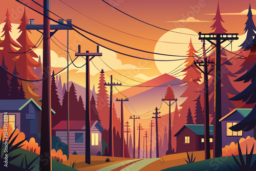 Stylized Sunset Landscape with Houses Trees and Power Lines Depicting a Peaceful Rural Scene with Warm Colors and a Cartoonish Aesthetic Ideal for Backgrounds and
