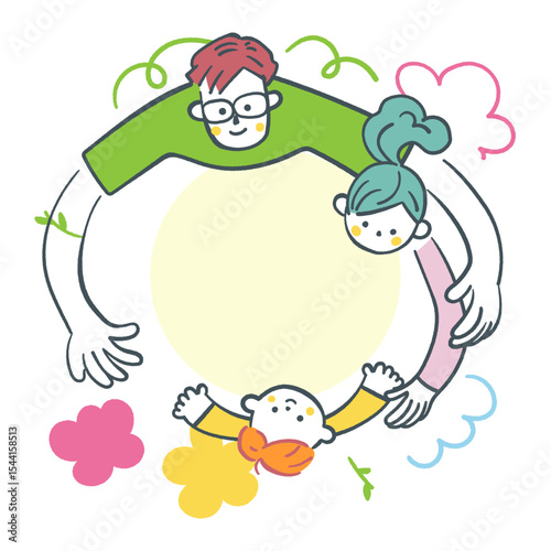丸くつながる親子の時間　子育て支援や教育広報に使える優しい家族のイラスト ストックイラスト素材				
