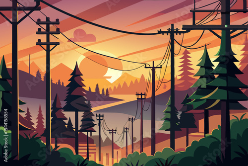 Stylized Sunset Landscape with Power Lines and Evergreen Trees a serene and colorful illustration featuring a stylized sunset evergreen trees and power lines in a