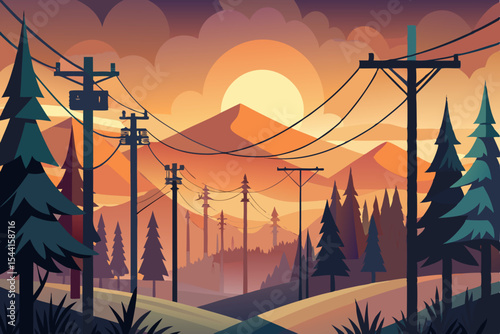 Tranquil Mountain Sunset Landscape with Pine Trees and Power Lines in a Stylized Vector Illustration Featuring Warm Tones and a Peaceful Rural Atmosphere at Dusk