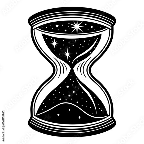 A stylized black and white illustration of an hourglass filled with a starry sky, representing the vastness of time and the cosmic nature of existence, framed by clean lines.