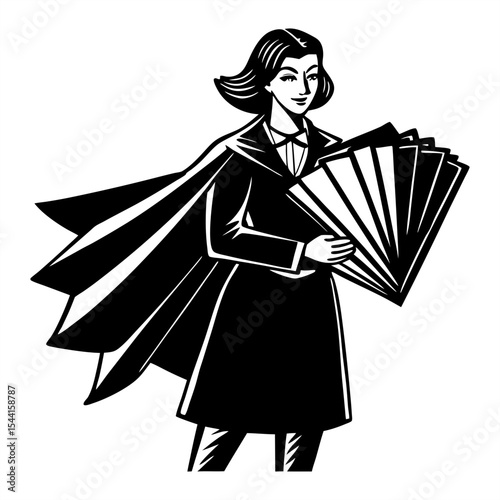 A powerful black and white graphic of a confident woman in a flowing cape and professional attire, holding fanned documents, embodying a superhero of business or knowledge.