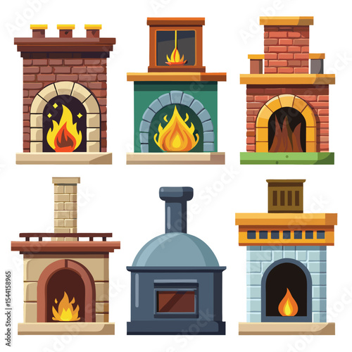 six fireplace set isolated on white background
