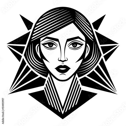 A stylized black and white portrait of a woman with sharp, geometric hair and clothing details, set against a triangular background, creating a bold and modern graphic design.