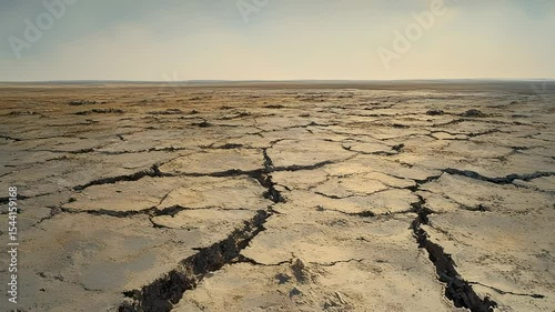 Cracked earth landscape under a hazy sky, showcasing arid terrain and environmental impact.