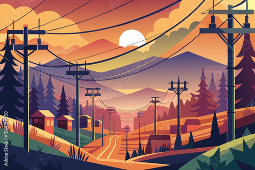 Illustration of a scenic landscape with mountains trees and a road leading to the horizon at sunset featuring power lines and small houses in a