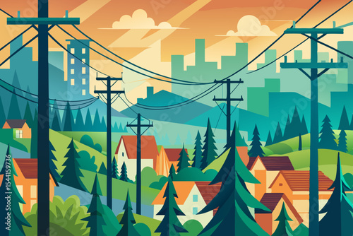 Stylized Landscape Illustration of a Suburban Neighborhood with Power Lines and a Distant City Skyline at Sunset with a Geometric and Flat Design Aesthetic