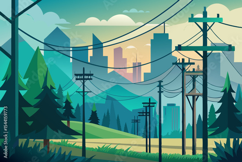 Stylized Cityscape with Nature and Power Lines A vibrant illustration of a city skyline blending with natural elements like trees and mountains crossed by power