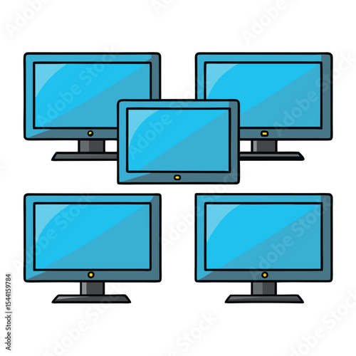 six flatscreen tv set isolated on white background