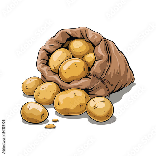 A digital illustration of a brown burlap sack tipped over