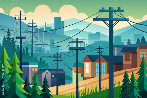 Stylized Cityscape Illustration with Power Lines Houses and Mountains in the Background Featuring a Modern Flat Design and a Cool Color Palette with Evergreen Trees
