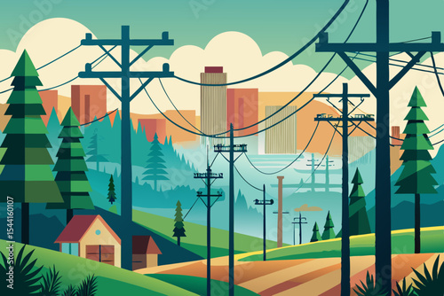 Stylized Landscape Illustration with City Skyline Power Lines and Forest depicting a blend of urban and natural environments in a modern graphic design style with