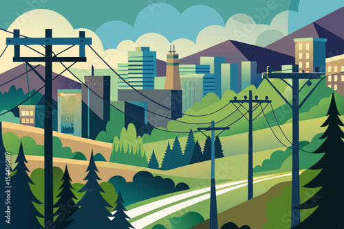 Stylized Cityscape Illustration with Power Lines and Nature Featuring a Rural Road Leading to a Distant Urban Center with Mountains and Cloudy Sky in a