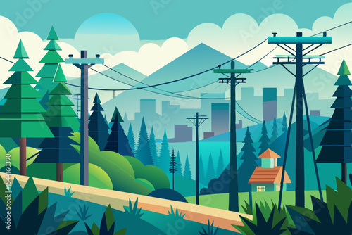 Stylized Landscape Illustration with Evergreen Trees Power Lines Distant City and Mountains in a Flat Design with a Limited Palette of Greens and Blues for