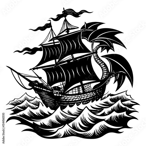 A powerful black and white illustration of a fantastical pirate ship with dragon-like sails and a serpentine stern, battling tumultuous waves, conveying adventure and mythical journeys.