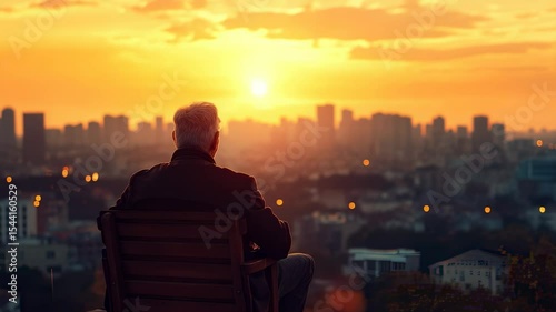 Elderly man sitting on a bench overlooking the city skyline at sunset
