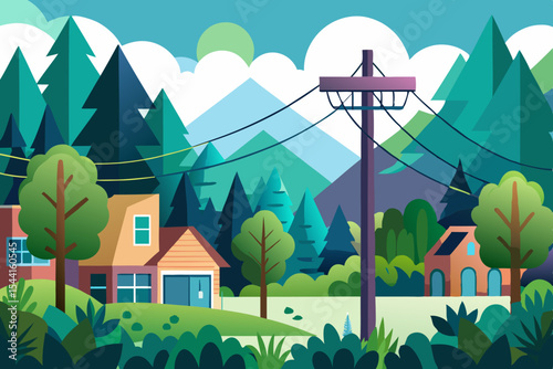 Colorful Flat Vector Illustration of a Mountain Landscape with Houses Trees and an Electrical Pole Depicting a Peaceful Suburban or Rural Setting with a Modern