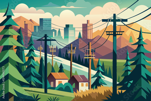 Stylized landscape illustration featuring a small town nestled between pine forests and distant city buildings with power lines crossing the scene and a modern geometric