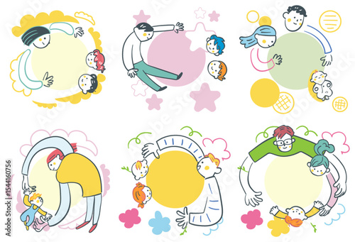 丸くつながる親子の子育て支援や教育広報に使える優しい家族のイラスト　セットのストックイラスト素材集
