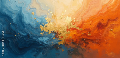Fiery yellow and orange paint textures blend with cool blue water and sky patterns
