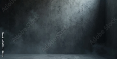 Dark grunge room with concrete walls and misty atmosphere