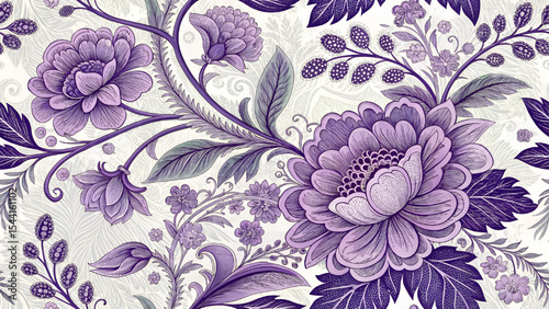 High resolution image showing a Thai pattern combined with purple floral patterns designed for fabric printing. 
