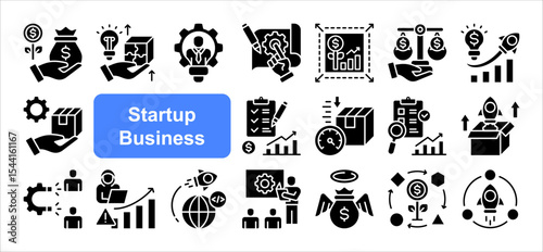 Startup Business icon collection set, with Product market fit, MVP, Venture capital, Angel investor, Growth hacking, Customer acquisition, Business model.