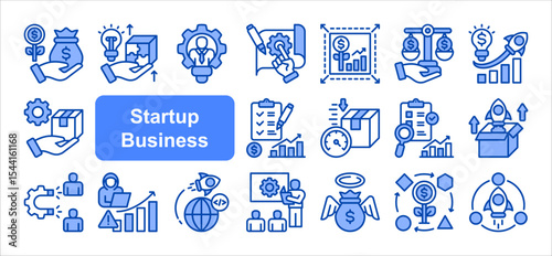 Startup Business icon collection set, with Product market fit, MVP, Venture capital, Angel investor, Growth hacking, Customer acquisition, Business model.